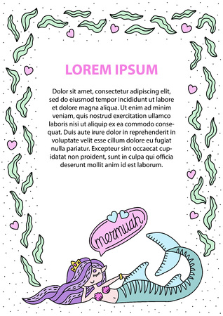 Nautical frame template. Cute mermaid with shark tail. Border for text. Doodle drawing. Cartoon vector illustrationのイラスト素材