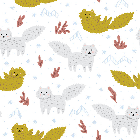 Funny childish ornament with snow foxes. Cute hand-drawn animals. Perfect for textile, kid's clothes, wallpapers. Vector seamless pattern.のイラスト素材