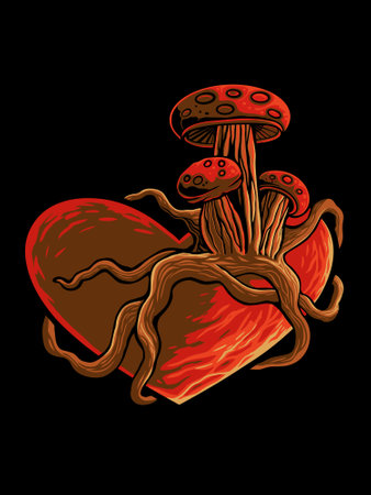 Mushrooms and heart. Hand drawn vector illustration on black backgroundのイラスト素材