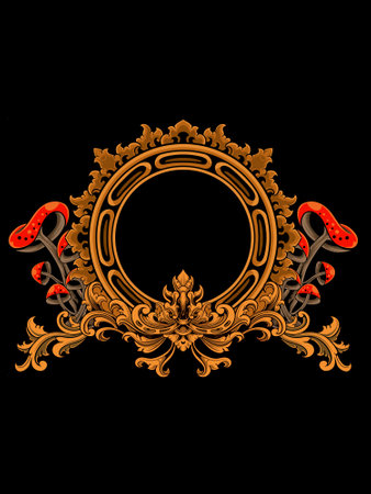Illustration of a decorative frame with mushrooms on a black background.のイラスト素材