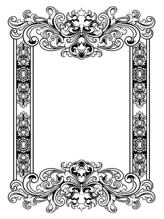 Illustration of floral frame with black and white ornament on white backgroundのイラスト素材