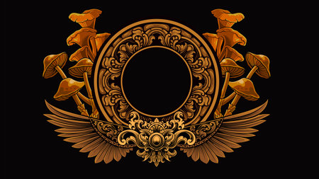 Illustration of a vintage heraldic frame with mushrooms on a black background.のイラスト素材