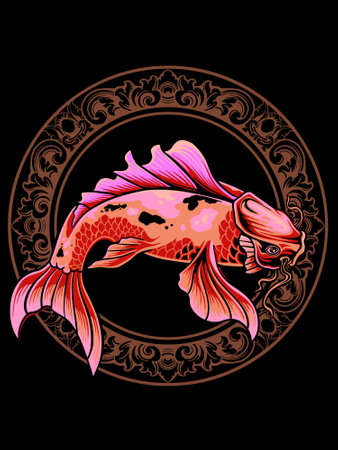 Illustration of a koi fish in a round frame on black backgroundのイラスト素材