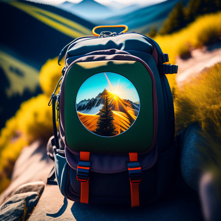 Hike in the mountains with a backpack and a photo camera.の素材