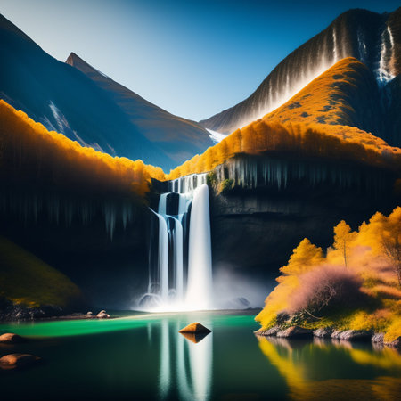 Waterfall in the mountains at sunset. colorful autumn landscape.の素材