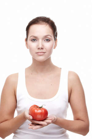 Beautiful young woman over white backgroundの写真素材