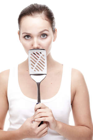 Beautiful young woman over white backgroundの写真素材