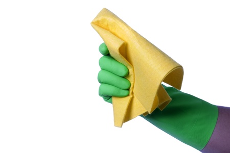 Hand with green glove holding cleaning product; isolated on white 