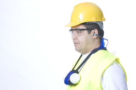 	technician wearing safety uniform on white backgroundの写真素材