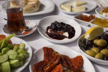 close up to classic Turkish style breakfast food plates