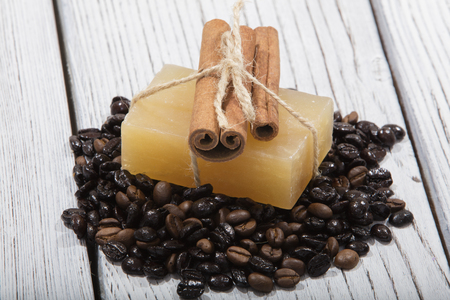 handmade coffee scented soap on wooden backgroundの写真素材