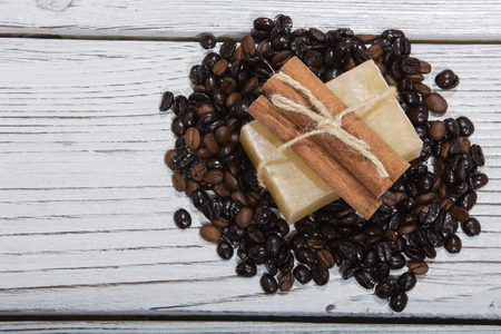 handmade coffee scented soap on wooden backgroundの写真素材
