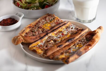 Assorted Turkish foodset. pide with meat , pide with egg, pide mix, lachmajunの写真素材
