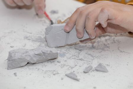 children's entertainment, a child plays in an archaeologist, children's hands dig dinosaur bones
