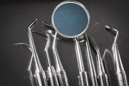 healthy tooth, different tools for dental care. Dental background.