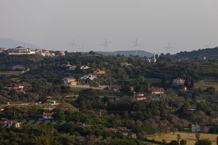 Wind Turbines over Mountains Urla Turkeyの写真素材