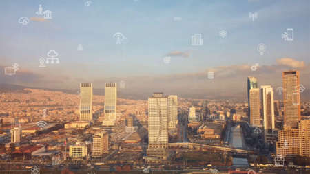 Global connection and the internet network modernization in smart city . Concept of future 5G wireless digital connecting and social media networking . High quality photoの写真素材