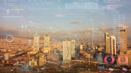 Global connection and the internet network modernization in smart city . Concept of future 5G wireless digital connecting and social media networking . High quality photoの写真素材