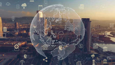 Global connection and the internet network modernization in smart city . Concept of future 5G wireless digital connecting and social media networking . High quality photoの写真素材