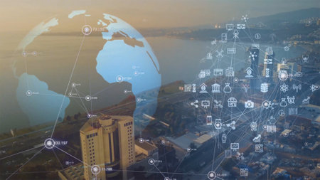 Global connection and the internet network modernization in smart city . Concept of future 5G...
