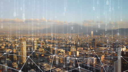 Aerial view of izmir Skyline with connections. Technology-Futuristic. High tech view of the financial district connected through a network. Internet of Things. Artificial intelligence. High quality photoの写真素材