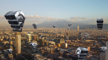Aerial city connected through 5G. Wireless network, mobile technology concept, data communication, cloud computing, artificial intelligence, internet of things. izmir City skyline. Futuristic city. High quality photoの写真素材