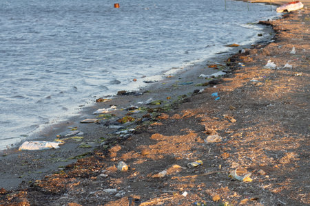 Spilled garbage on the beach of the big city. Empty used dirty plastic bottles. Dirty sea sandy...