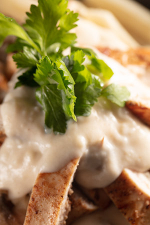 Spinach Chicken Alfredo Parmesan Pasta. Selective focus. High quality photoの写真素材