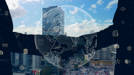 Connection of business concept. Business and technology. Shaking hands. High quality photo