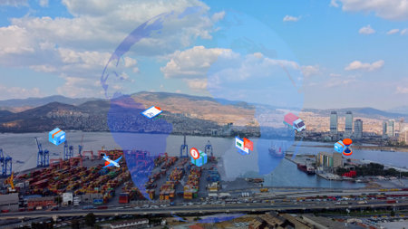 Logistic business or transport concept Aerial view over import export port with many stacks of cargo container rows. High quality photoの写真素材