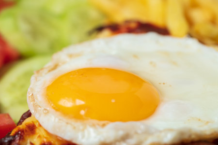 Breakfast. French cuisine. Croque madame sandwich close up on the table. High quality photoの写真素材