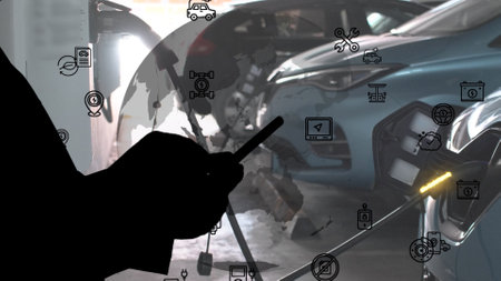 EV charging station for electric car with mobile app display charger status . The electric power is produced from sustainable resources to supply to charger station in order to reduce CO2 emission . High quality photoの写真素材