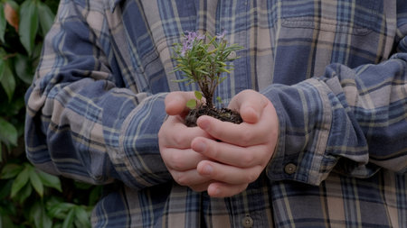 Boy planting a new tree, concept of ecology and environmental conservation.