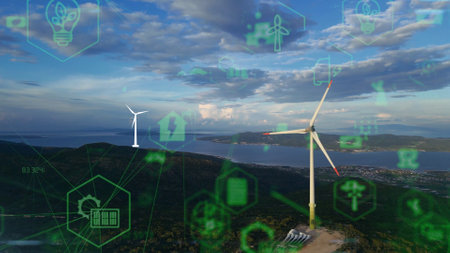 Alternative Energy. Wind farm. Aerial view of horizontal-axis wind turbines generating electricity...