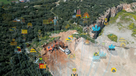 aerial view shot mining, dumpers, quarrying extractive industry stripping work. Big Mining Trucks....