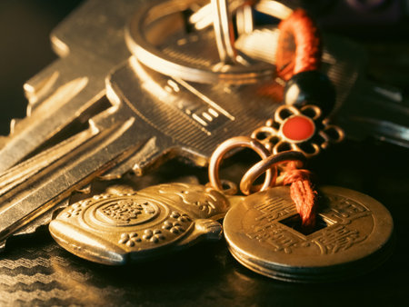 Golden keys hang beside ancient coins. Red beads and charms add cultural detail. Warm light...