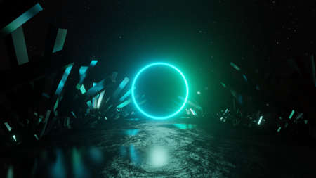 Abstract Neon Background. Glowing circle among crystals.の写真素材
