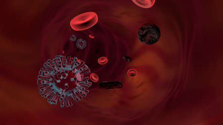 Virus and blood cells in a vein. Medical concept. 3D render.