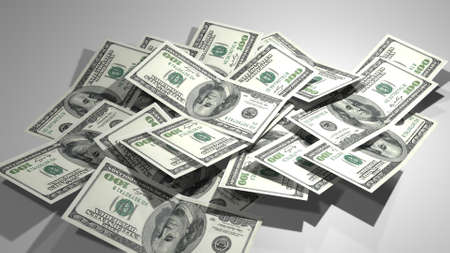 100 US dollar money composition. Financial background. Many banknotes and wads of money. 3d render.