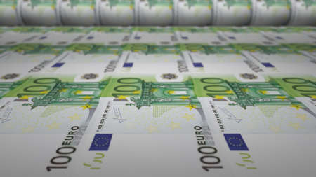 100 euro bills on money printing machine. Illustration of printing cash. 3d render.
