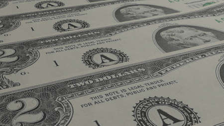 2 US dollar money composition. Financial background. Many banknotes and wads of money. Cash. 3D...