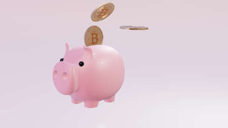 Piggy bank and Bitcoin. Crypto currency. BTC. Savings in cryptocurrency. 3D render.の写真素材