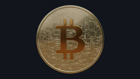 Golden Bitcoin sign on black background. Crypto currency concept. BTC. 3D render.の写真素材