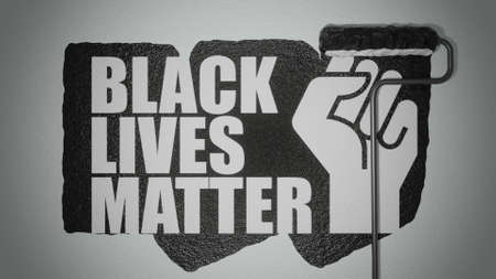 Roller paints the wall in colors of BLM flag. 3d render.の写真素材