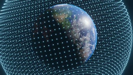 Spinning planet Earth. Technology illustration. Communication concept. 3D render.