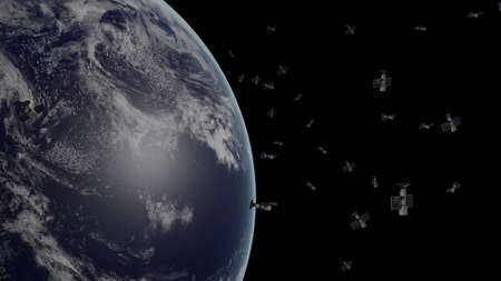 Planet Earth with many satellites around it. View from space. World connection concept. 3d render.