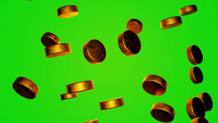 Many golden hockey pucks on chromakey background. 3D render.の写真素材