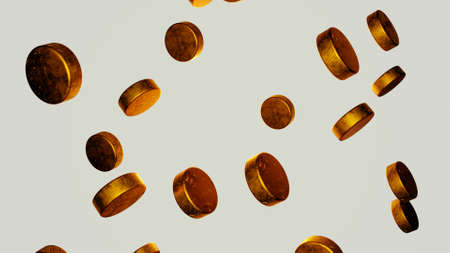 Many golden hockey pucks on white background. 3D render.の写真素材