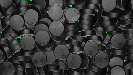 Many hockey pucks on chromakey background. 3d render.