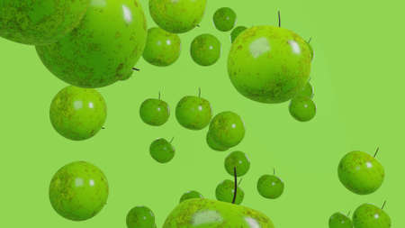 Beautiful apples background. Many fruits on green background. Food concept. 3d render.の写真素材